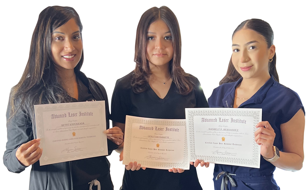Students handling certificates after enrolling in laser hair removal school in Austin