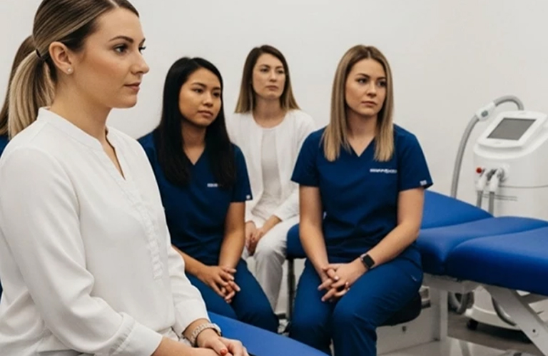 A group of students attending a laser hair removal technician certification woodlands class for aesthetic training.