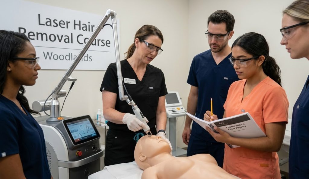 Students watching a cosmetic laser demonstration at the Laser Hair Removal Course Woodlands Academy.