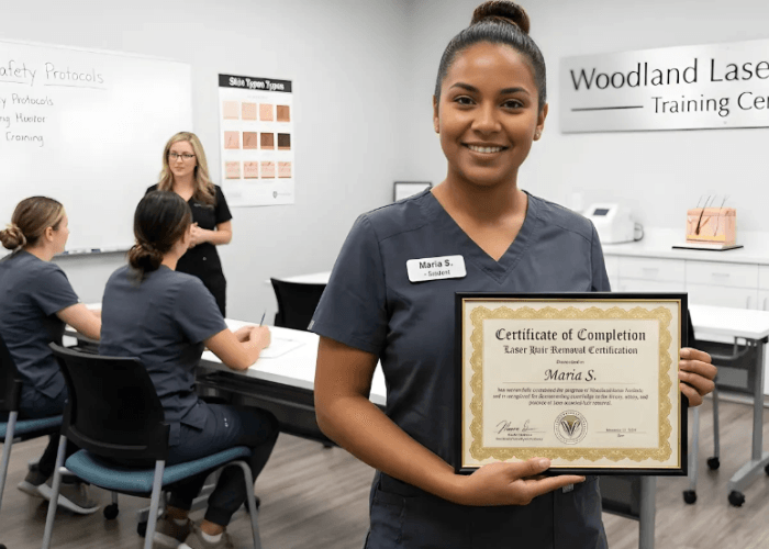 Maria S. earns a laser hair removal technician certification Woodlands Training Center certificate in a modern classroom.