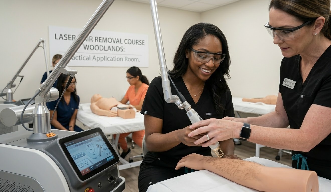 Student being guided by an instructor at a Laser Hair Removal Course Woodlands Academy facility.