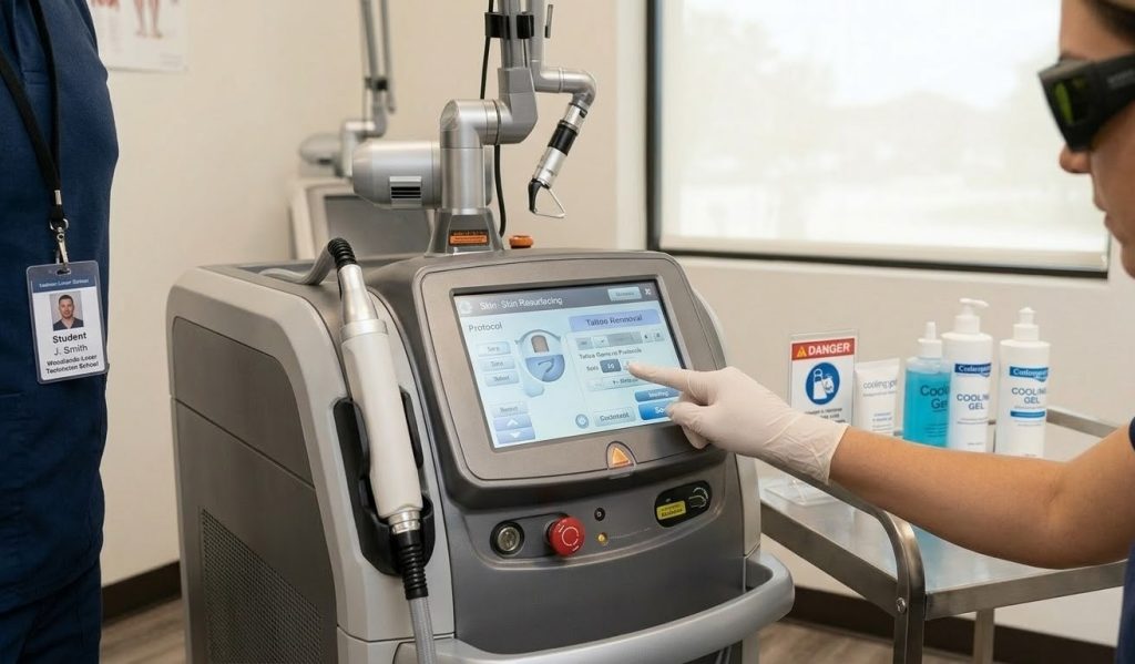 A student interacts with a professional medical laser machine at our top-rated Certified Laser Technician School Near Me Woodlands.
