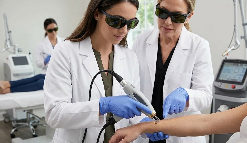 Students and instructors reviewing technique during a hands-on session of our laser hair removal course Woodlands.