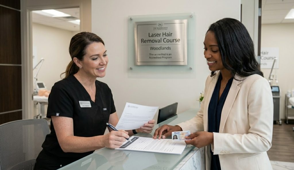 Woman at a desk enrolling in a modern medical laser hair removal course Woodlands Academy.