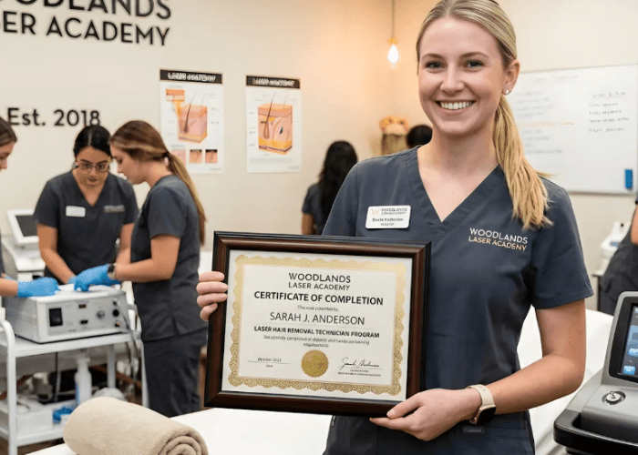 Student Sarah J. Anderson holds her laser hair removal technician certification Woodlands Academy certificate in a lab.