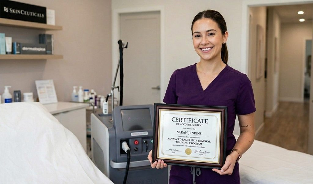 Graduate of a certified laser technician school near me Woodlands holding her hair removal training certificate.