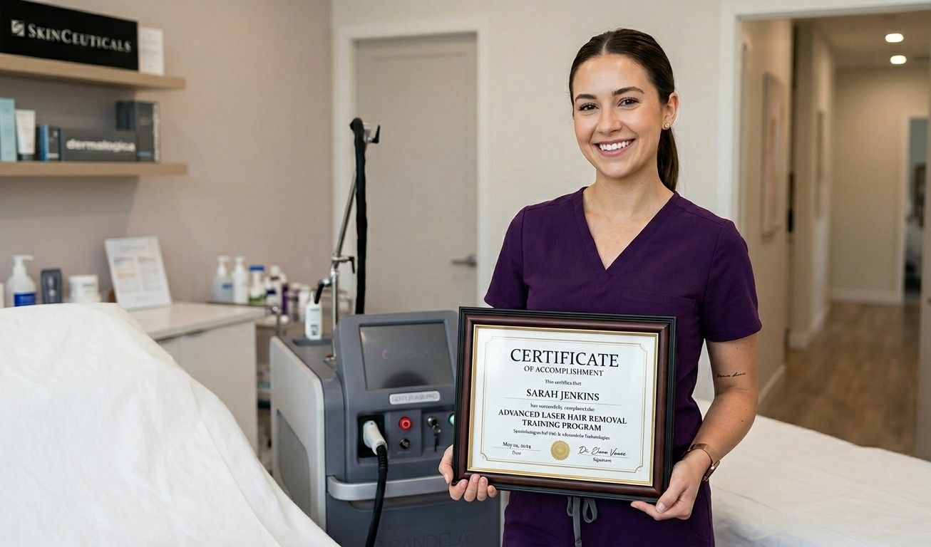 Graduate of a certified laser technician school near me Woodlands holding her hair removal training certificate.