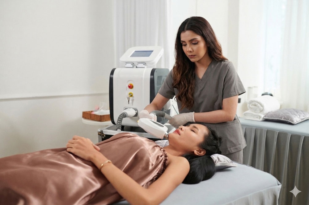 Student hands-on practice for laser hair removal certification Woodlands program using advanced clinic equipment.
