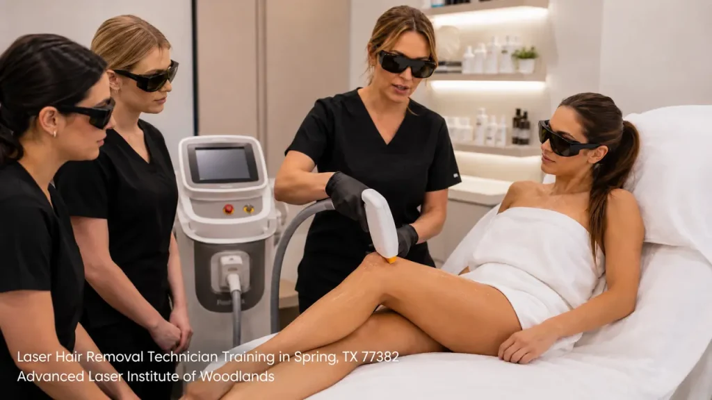 An instructor demonstrates a leg treatment during laser hair removal technician training Woodlands for students.