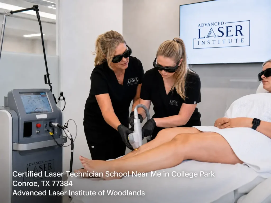A student performs a leg treatment at a certified laser technician school near me Woodlands during clinicals.
