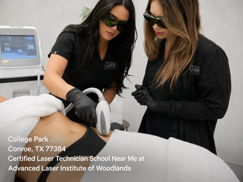 Instructors guide hands-on training at a certified laser technician school near me Woodlands using advanced tech. 