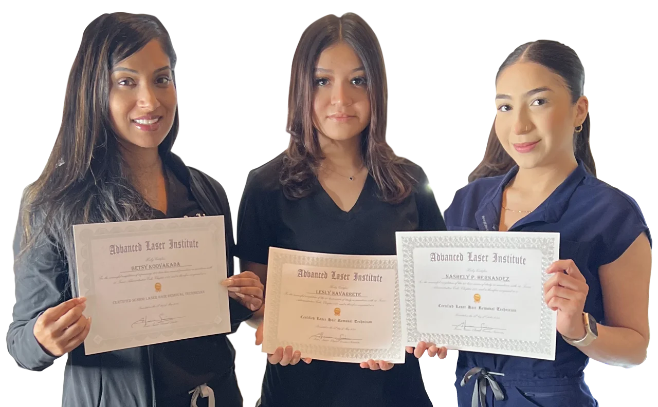 Three graduates holding certificates from Advanced Laser Institute for laser technician education and certification.