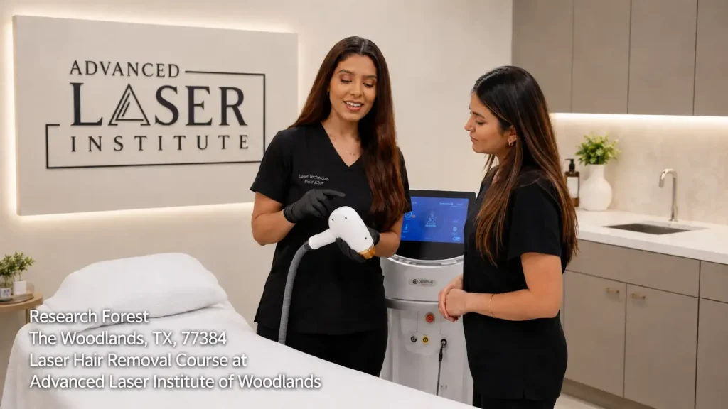 Instructor demonstrating handheld laser device to a student during a laser hair removal course in Woodlands TX. 