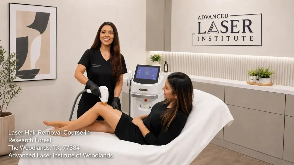 Practitioner operating aesthetic laser machine on a client during a laser hair removal course Woodlands session.