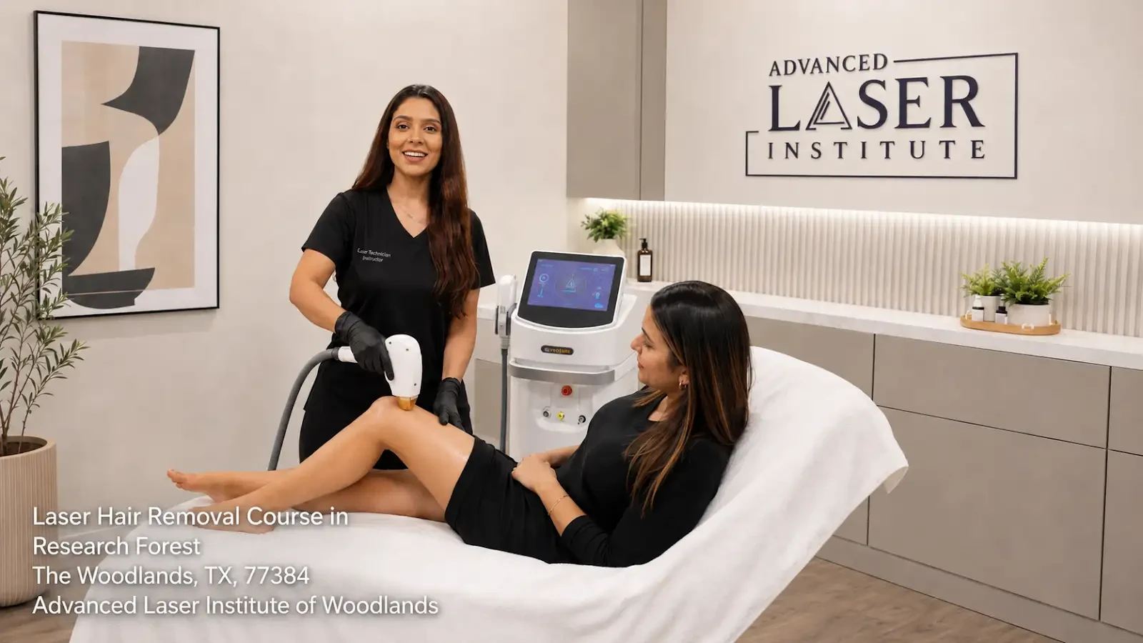 Practitioner operating aesthetic laser machine on a client during a laser hair removal course Woodlands session.