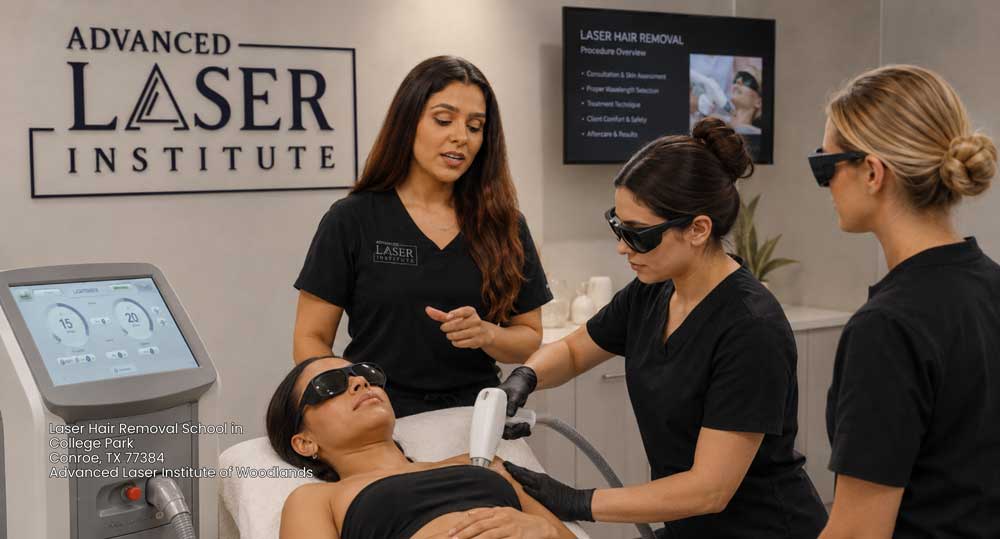 Students getting practical hands-on aesthetic training at an accredited laser hair removal school Woodlands facility.