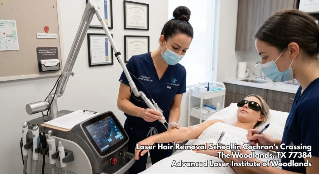 Instructor demonstrating advanced techniques at a top laser hair removal school Woodlands, while a student takes notes