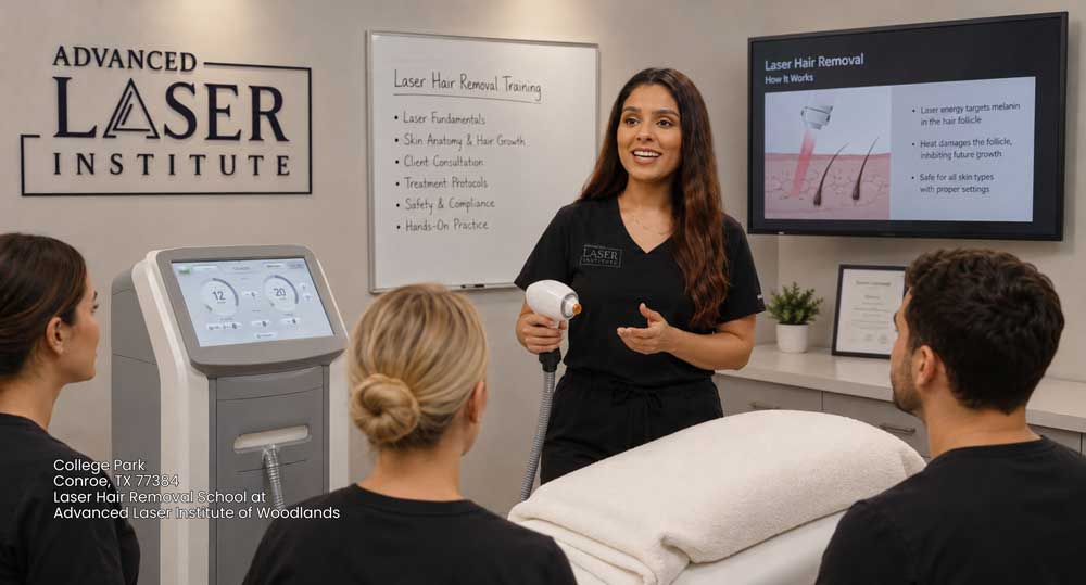 Instructor demonstrating device settings for students attending a premier laser hair removal school Woodlands course.