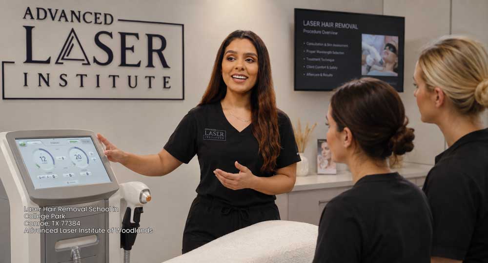 Instructor presenting equipment and hair growth technology at an top laser hair removal school Woodlands program.