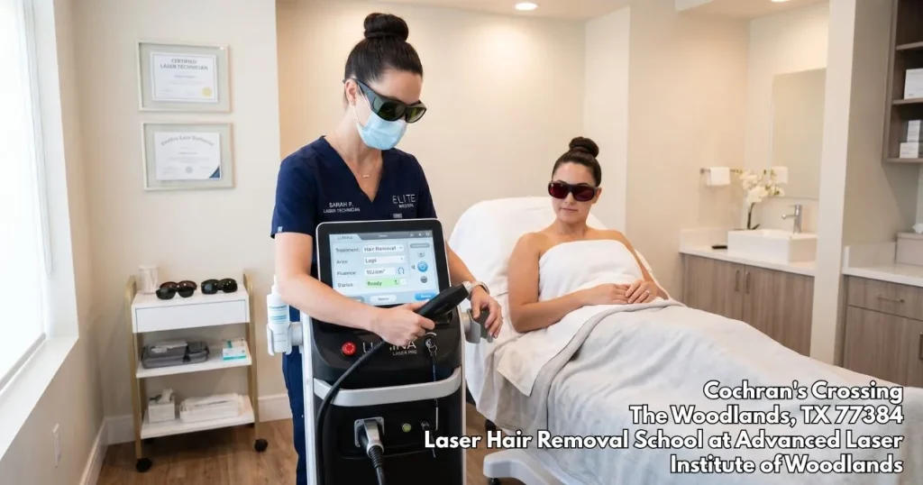 Hands-on student training at a laser hair removal school Woodlands campus, preparing a patient for aesthetic therapy