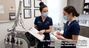 Students training at a premier laser hair removal school Woodlands location, practicing professional clinical protocols.