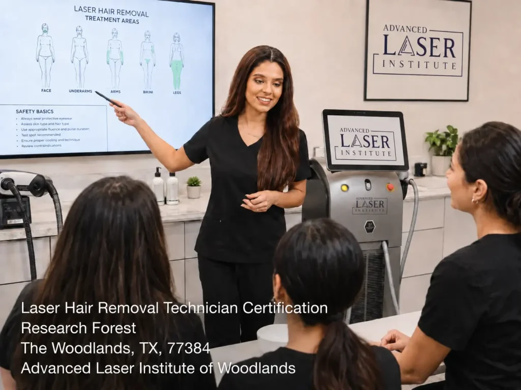 Instructor teaching a class for laser hair removal technician certification in Woodlands at Advanced Laser Institute. 