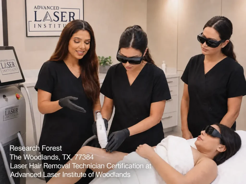 Students practicing leg treatment for laser hair removal technician certification in Woodlands at Advanced Laser Institute. 