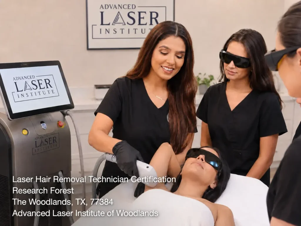 Instructor demonstrating underarm treatment during laser hair removal technician certification class in Woodlands.