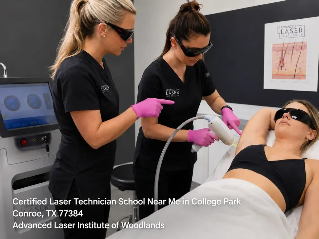 Students at a certified laser technician school near me Woodlands practice underarm hair removal on a patient. 