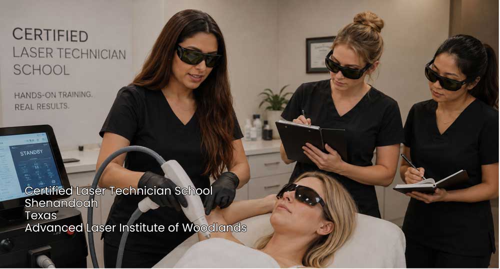 Students observing a laser therapy demonstration at a top certified laser technician school near me in Woodlands.