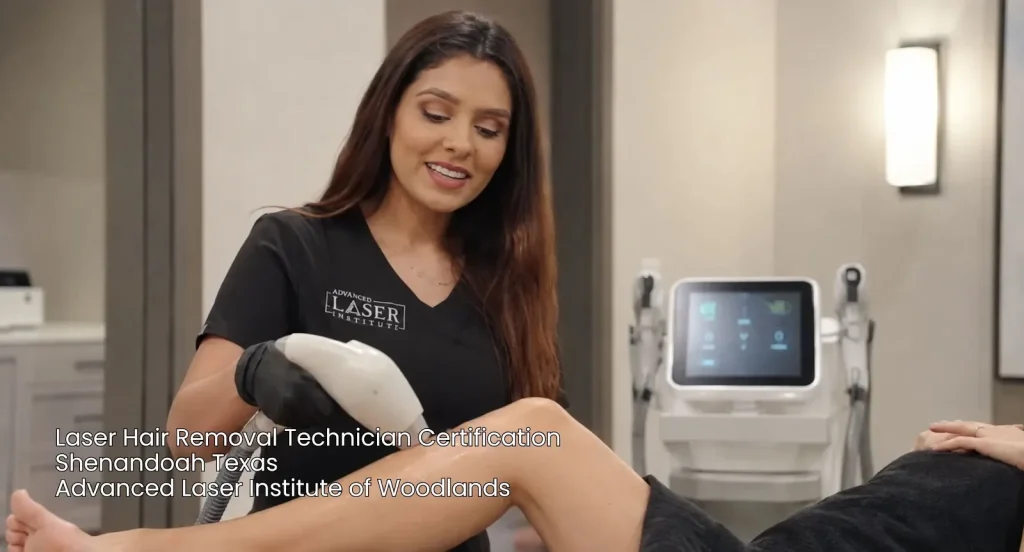 Laser hair removal technician certification Woodlands student practicing leg treatment using professional laser device. 