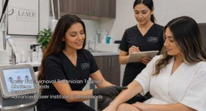 Student consultation practice in laser hair removal technician training Woodlands certified professional program.