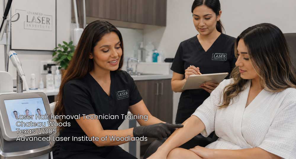 Student consultation practice in laser hair removal technician training Woodlands certified professional program.