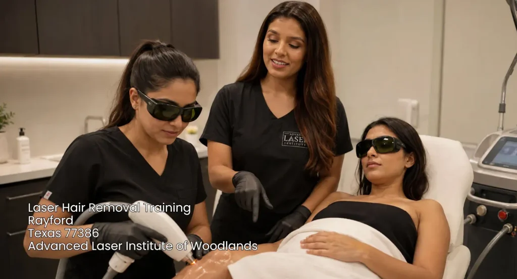 Instructor guiding a student during practical laser hair removal training on a client leg at Advanced Laser Institute.
