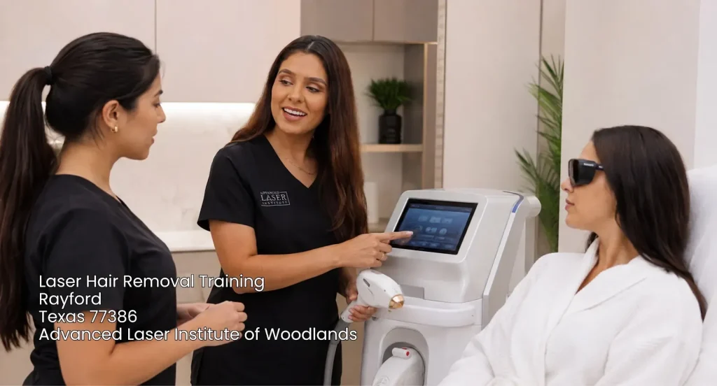 Instructor demonstrating clinical device setup during professional laser hair removal training in Rayford, Texas.
