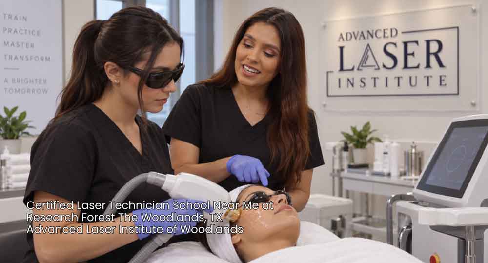 Instructor guiding a student using equipment at a certified laser technician school near me in The Woodlands TX.