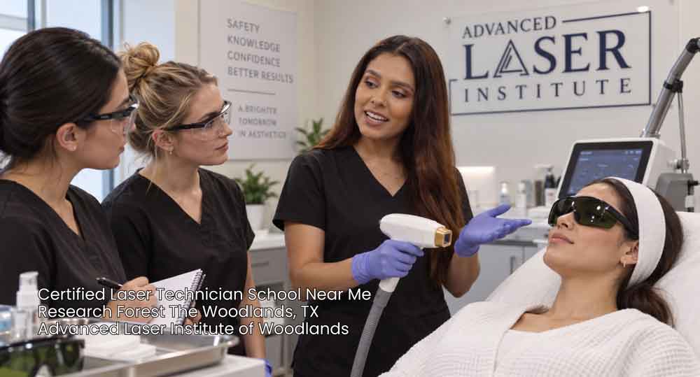 Students learning at a certified laser technician school near me in The Woodlands during a hands-on training demonstration.