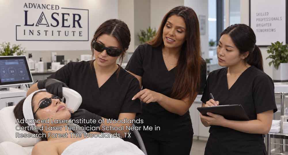 Trainee performing treatment under instruction at a certified laser technician school near me in The Woodlands area.