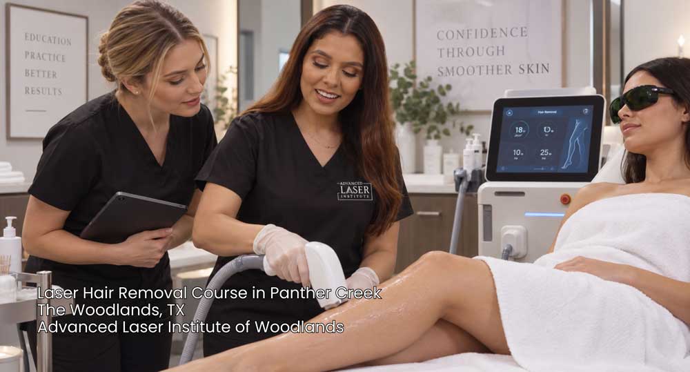 Professional laser hair removal course training session featuring leg treatment at Advanced Laser Institute.