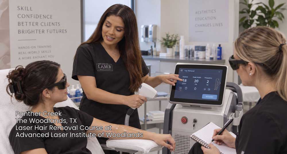 Hands-on laser hair removal course instruction with students operating professional machine settings.
