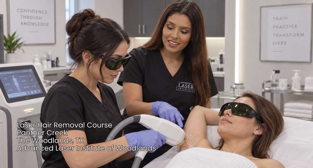 Practical laser hair removal course demonstration with an instructor overseeing underarm treatment.
