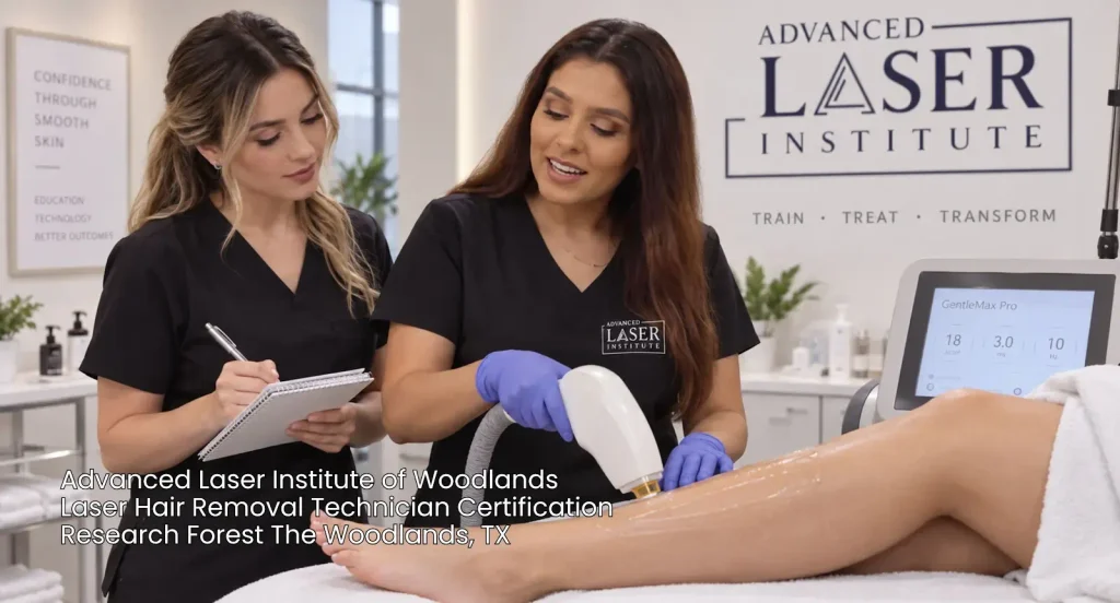 Student observing instructor during laser hair removal technician certification in Woodlands with GentleMax Pro device. 