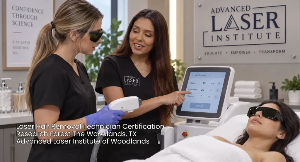 Student setting device during laser hair removal technician certification Woodlands program while instructor guides patient treatment.