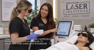 Student setting device during laser hair removal technician certification Woodlands program while instructor guides patient treatment.