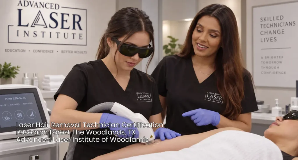 Student setting device in laser hair removal technician certification Woodlands class while instructor monitors patient care. 