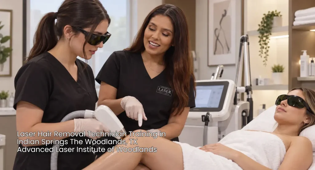 Students in laser hair removal technician training Woodlands learning practical aesthetic techniques on a patient. 