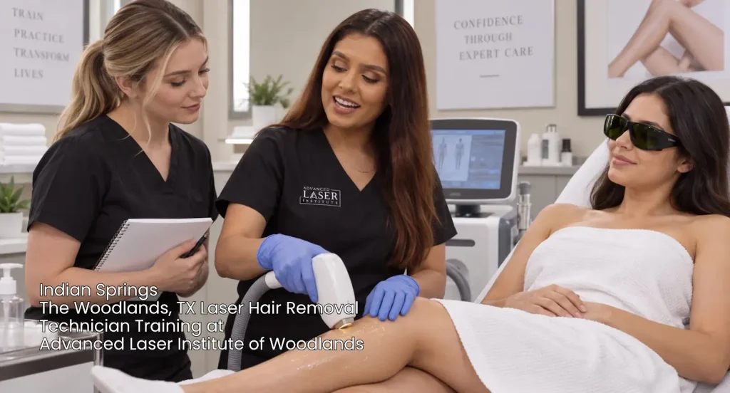 Instructor guiding laser hair removal technician training Woodlands students during hands-on client leg treatment. 