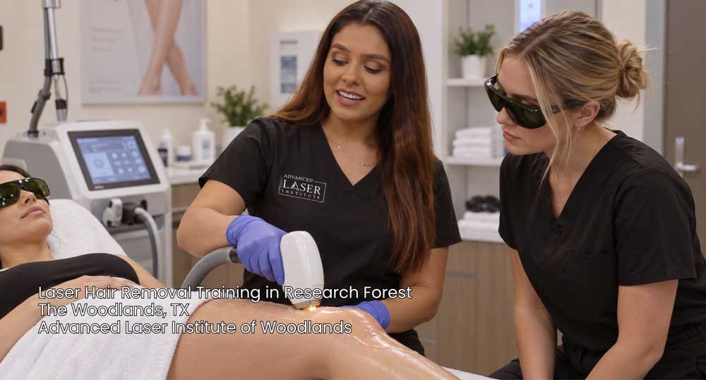 Aesthetic student practicing laser hair removal training on a patient at Advanced Laser Institute of Woodlands.