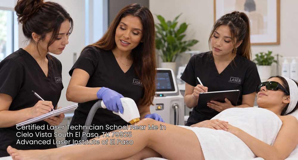 Certified laser technician school near me El Paso student practices leg hair removal training with instructor guidance.