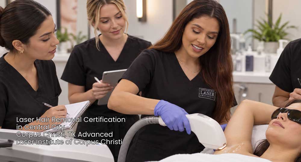Students practicing leg treatment for laser hair removal certification Corpus Christi at Advanced Laser Institute.